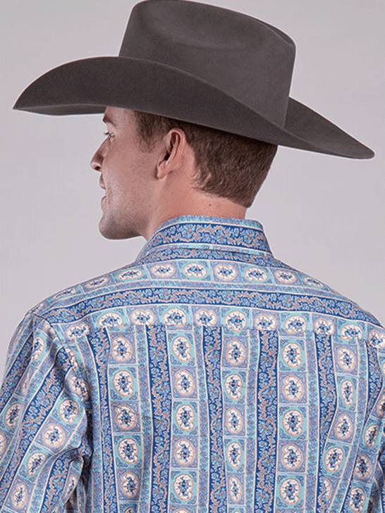 Tin Haul 10-001-0068-0622 Mens Long Sleeve Vertical Aztec Print Shirt Blue back view. If you need any assistance with this item or the purchase of this item please call us at five six one seven four eight eight eight zero one Monday through Saturday 10:00a.m EST to 8:00 p.m EST