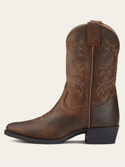 Ariat 10001825 Youth Heritage Western Boot Distressed Brown side view. If you need any assistance with this item or the purchase of this item please call us at five six one seven four eight eight eight zero one Monday through Saturday 10:00a.m EST to 8:00 p.m EST