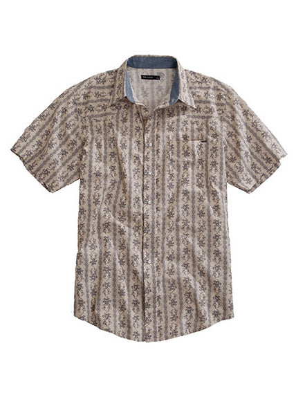 Tin Haul 10-002-0068-0450 Mens Frontier Wallpaper Stripe Print Short Sleeve Shirt Grey front view. If you need any assistance with this item or the purchase of this item please call us at five six one seven four eight eight eight zero one Monday through Saturday 10:00a.m EST to 8:00 p.m EST
