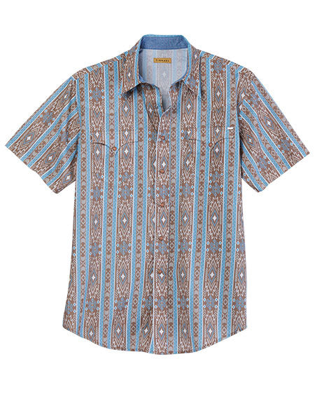 Tin Haul 10-002-0068-0482 Mens Tribal Stripe Print Short Sleeve Shirt Brown front view. If you need any assistance with this item or the purchase of this item please call us at five six one seven four eight eight eight zero one Monday through Saturday 10:00a.m EST to 8:00 p.m EST