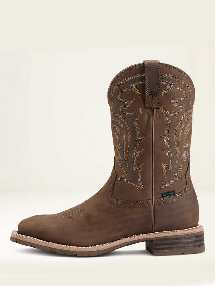 Ariat 10014067 Mens Hybrid Rancher Waterproof Western Boot Oily Distressed Brown front and side view. If you need any assistance with this item or the purchase of this item please call us at five six one seven four eight eight eight zero one Monday through Saturday 10:00a.m EST to 8:00 p.m EST