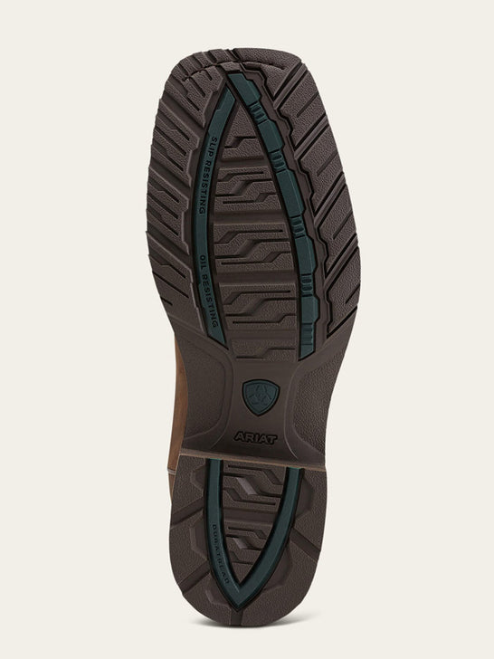 Ariat 10014067 Mens Hybrid Rancher Waterproof Western Boot Oily Distressed Brown sole view. If you need any assistance with this item or the purchase of this item please call us at five six one seven four eight eight eight zero one Monday through Saturday 10:00a.m EST to 8:00 p.m EST
