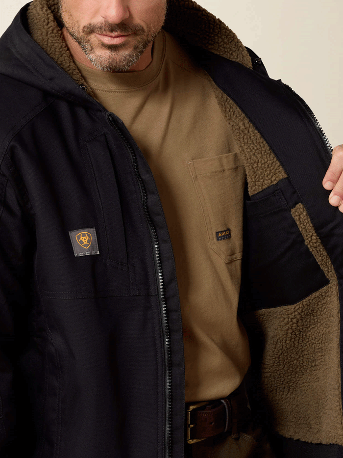 Ariat 10023915 Mens Rebar Duracanvas Hooded Jacket Black front view. If you need any assistance with this item or the purchase of this item please call us at five six one seven four eight eight eight zero one Monday through Saturday 10:00a.m EST to 8:00 p.m EST
