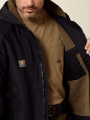 Ariat 10023915 Mens Rebar Duracanvas Hooded Jacket Black inside view. If you need any assistance with this item or the purchase of this item please call us at five six one seven four eight eight eight zero one Monday through Saturday 10:00a.m EST to 8:00 p.m EST