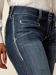 Ariat 10025302 Womens Trouser Mid Rise Stretch Entwined Wide Leg Jean Marine Blue front close up. If you need any assistance with this item or the purchase of this item please call us at five six one seven four eight eight eight zero one Monday through Saturday 10:00a.m EST to 8:00 p.m EST