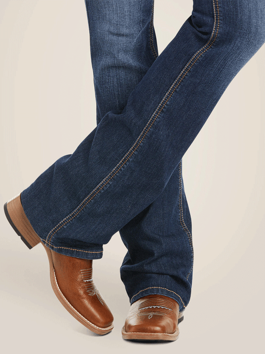 Ariat 10027713 Womens Perfect Rise Rosa Boot Cut Jeans Lita Navy legs view. If you need any assistance with this item or the purchase of this item please call us at five six one seven four eight eight eight zero one Monday through Saturday 10:00a.m EST to 8:00 p.m EST