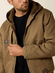 Ariat 10032964 Mens Rebar Duracanvas Hooded Jacket Dark Khaki front close up view. If you need any assistance with this item or the purchase of this item please call us at five six one seven four eight eight eight zero one Monday through Saturday 10:00a.m EST to 8:00 p.m EST
