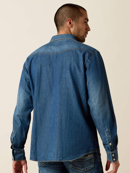 Ariat 10033464 Mens Long Sleeve Retro Fit Shirt Denim back view. If you need any assistance with this item or the purchase of this item please call us at five six one seven four eight eight eight zero one Monday through Saturday 10:00a.m EST to 8:00 p.m EST