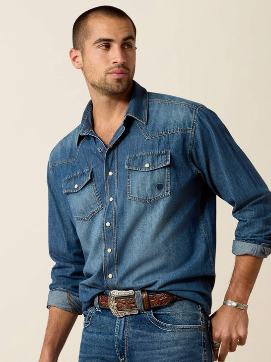Ariat 10033464 Mens Long Sleeve Retro Fit Shirt Denim front view. If you need any assistance with this item or the purchase of this item please call us at five six one seven four eight eight eight zero one Monday through Saturday 10:00a.m EST to 8:00 p.m EST
