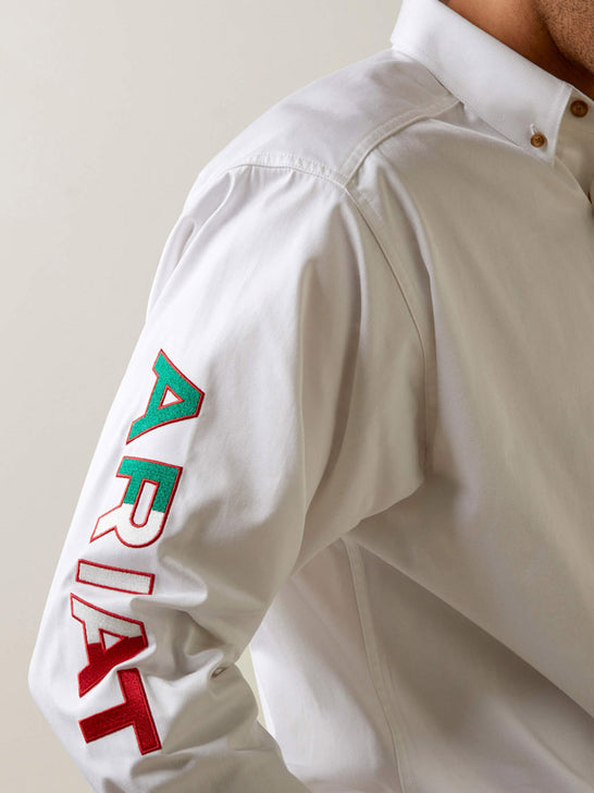 Ariat 10040911 Mens Team Logo Twill Classic Fit Shirt Mexico White sleeve view. If you need any assistance with this item or the purchase of this item please call us at five six one seven four eight eight eight zero one Monday through Saturday 10:00a.m EST to 8:00 p.m EST
