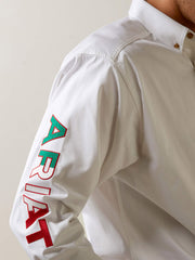 Ariat 10040911 Mens Team Logo Twill Classic Fit Shirt Mexico White sleeve view. If you need any assistance with this item or the purchase of this item please call us at five six one seven four eight eight eight zero one Monday through Saturday 10:00a.m EST to 8:00 p.m EST
