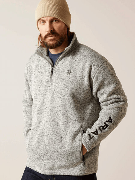 Ariat 10046490 Mens Caldwell Logo Zip Sweater Nulla Heather front view. If you need any assistance with this item or the purchase of this item please call us at five six one seven four eight eight eight zero one Monday through Saturday 10:00a.m EST to 8:00 p.m EST