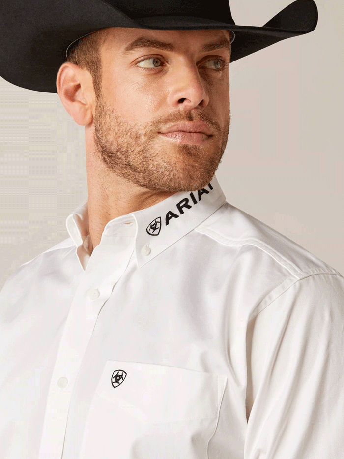 Ariat 10046825 Mens Team Logo Twill Classic Fit Shirt White front view. If you need any assistance with this item or the purchase of this item please call us at five six one seven four eight eight eight zero one Monday through Saturday 10:00a.m EST to 8:00 p.m EST