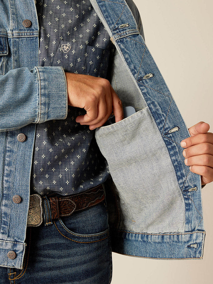 Ariat 10048254 Mens Denim Trucker Jacket Roby front view. If you need any assistance with this item or the purchase of this item please call us at five six one seven four eight eight eight zero one Monday through Saturday 10:00a.m EST to 8:00 p.m EST