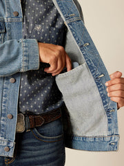 Ariat 10048254 Mens Denim Trucker Jacket Roby close up. If you need any assistance with this item or the purchase of this item please call us at five six one seven four eight eight eight zero one Monday through Saturday 10:00a.m EST to 8:00 p.m EST
