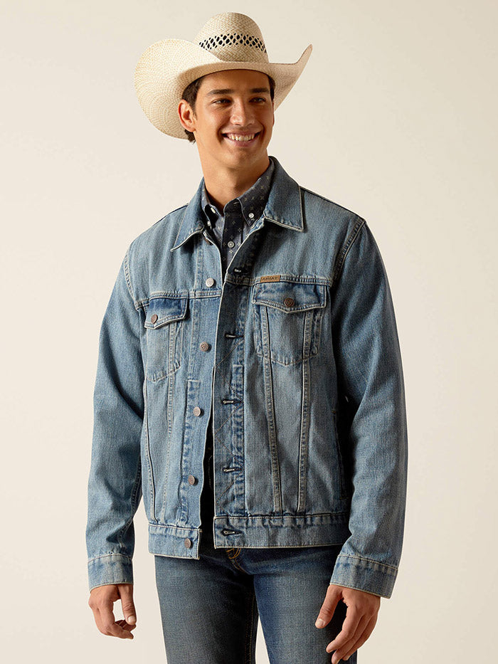 Ariat 10048254 Mens Denim Trucker Jacket Roby front view. If you need any assistance with this item or the purchase of this item please call us at five six one seven four eight eight eight zero one Monday through Saturday 10:00a.m EST to 8:00 p.m EST