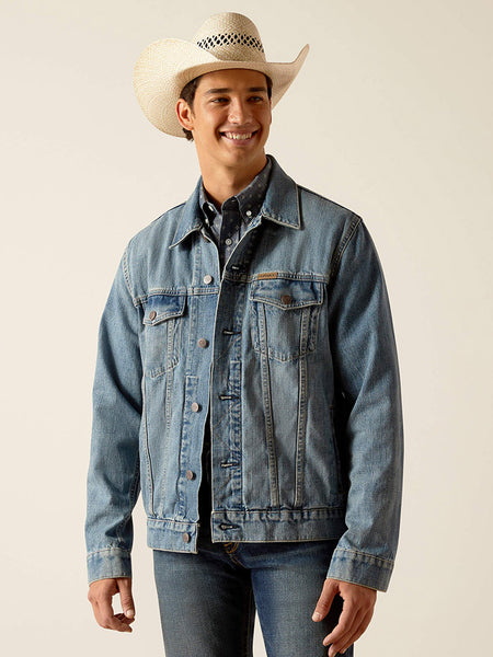 Ariat 10048254 Mens Denim Trucker Jacket Roby front view. If you need any assistance with this item or the purchase of this item please call us at five six one seven four eight eight eight zero one Monday through Saturday 10:00a.m EST to 8:00 p.m EST