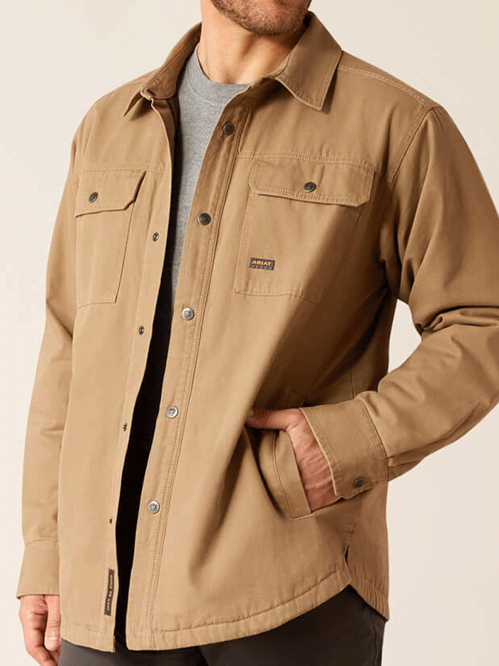 Ariat 10052426 Mens Rebar Canvas Shirt Jacket Khaki front view. If you need any assistance with this item or the purchase of this item please call us at five six one seven four eight eight eight zero one Monday through Saturday 10:00a.m EST to 8:00 p.m EST