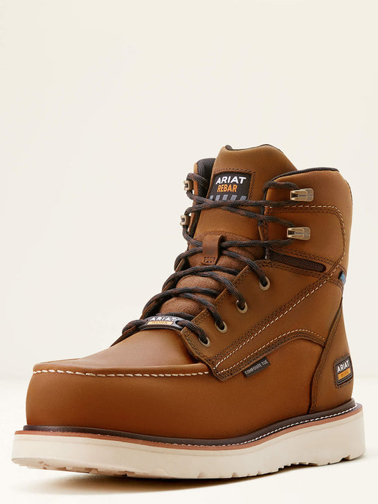 Ariat 10053615 Mens Rebar Wedge Moc Toe 6" Waterproof Composite Toe Work Boot Distressed Brown front and side view. If you need any assistance with this item or the purchase of this item please call us at five six one seven four eight eight eight zero one Monday through Saturday 10:00a.m EST to 8:00 p.m EST
