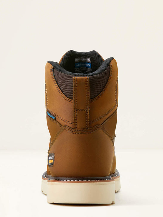 Ariat 10053615 Mens Rebar Wedge Moc Toe 6" Waterproof Composite Toe Work Boot Distressed Brown back view. If you need any assistance with this item or the purchase of this item please call us at five six one seven four eight eight eight zero one Monday through Saturday 10:00a.m EST to 8:00 p.m EST
