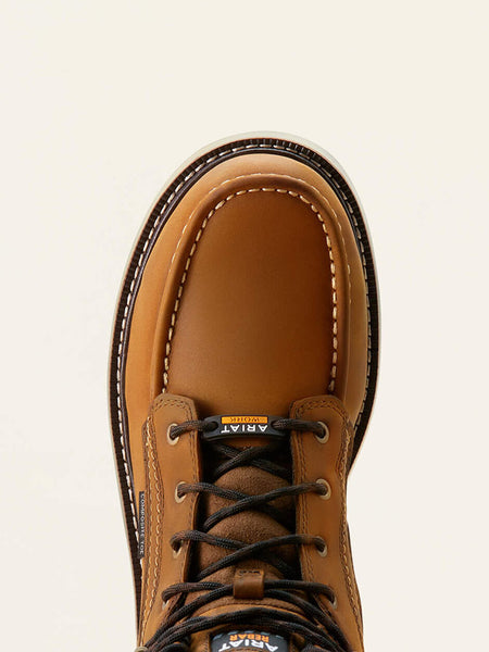 Ariat 10053615 Mens Rebar Wedge Moc Toe 6" Waterproof Composite Toe Work Boot Distressed Brown toe view. If you need any assistance with this item or the purchase of this item please call us at five six one seven four eight eight eight zero one Monday through Saturday 10:00a.m EST to 8:00 p.m EST