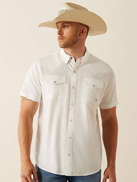 Ariat 10054478 Mens VentTEK Western Fitted Snap Short Sleeve Shirt White front view. If you need any assistance with this item or the purchase of this item please call us at five six one seven four eight eight eight zero one Monday through Saturday 10:00a.m EST to 8:00 p.m EST
