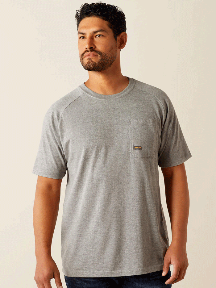 Ariat 10054512 Mens Rebar Cotton Strong Groundbreaker T-Shirt Heather Grey front view. If you need any assistance with this item or the purchase of this item please call us at five six one seven four eight eight eight zero one Monday through Saturday 10:00a.m EST to 8:00 p.m EST