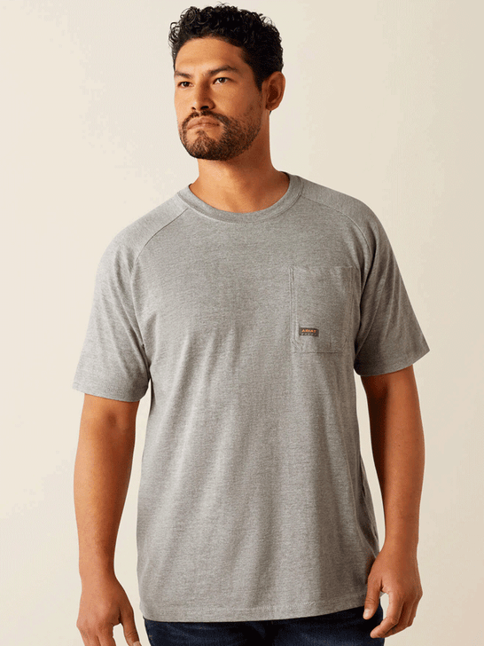 Ariat 10054512 Mens Rebar Cotton Strong Groundbreaker T-Shirt Heather Grey back view. If you need any assistance with this item or the purchase of this item please call us at five six one seven four eight eight eight zero one Monday through Saturday 10:00a.m EST to 8:00 p.m EST