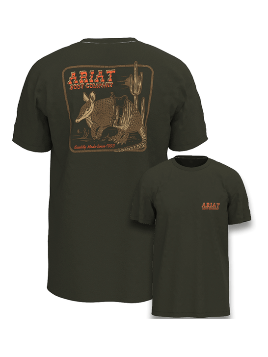 Ariat 10054801 Kids Armadillo on a Half Shell T-Shirt Dark Olive front and back. If you need any assistance with this item or the purchase of this item please call us at five six one seven four eight eight eight zero one Monday through Saturday 10:00a.m EST to 8:00 p.m EST