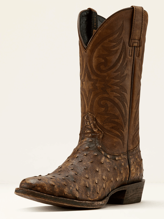 Ariat 10058161 Mens Vesper Full Quill Ostrich Cowboy Boot Tan Brown front and side view. If you need any assistance with this item or the purchase of this item please call us at five six one seven four eight eight eight zero one Monday through Saturday 10:00a.m EST to 8:00 p.m EST