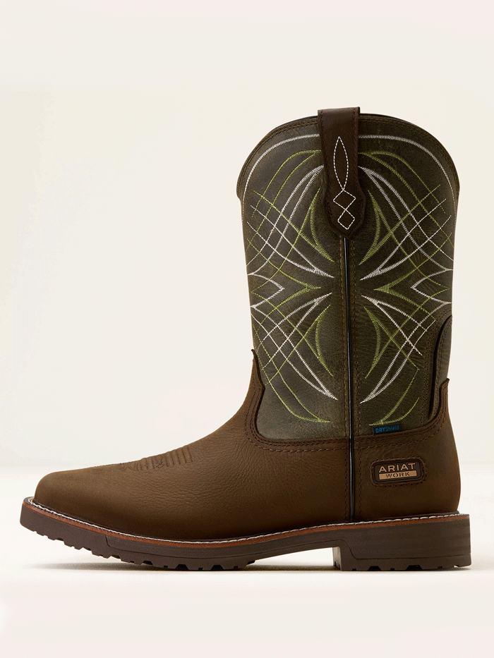 Ariat 10060894 Mens Activator Waterproof Wide Square Toe Work Boot Dark Brown front and side view. If you need any assistance with this item or the purchase of this item please call us at five six one seven four eight eight eight zero one Monday through Saturday 10:00a.m EST to 8:00 p.m EST