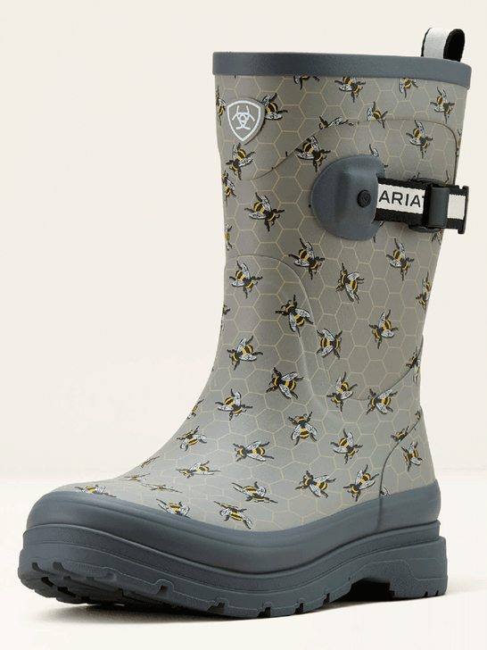 Ariat 10061227 Womens Kelmarsh Mid Rubber Boot Bee Print Grey side / front view. If you need any assistance with this item or the purchase of this item please call us at five six one seven four eight eight eight zero one Monday through Saturday 10:00a.m EST to 8:00 p.m EST