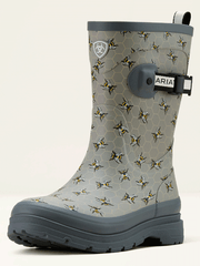 Ariat 10061227 Womens Kelmarsh Mid Rubber Boot Bee Print Grey side / front view. If you need any assistance with this item or the purchase of this item please call us at five six one seven four eight eight eight zero one Monday through Saturday 10:00a.m EST to 8:00 p.m EST