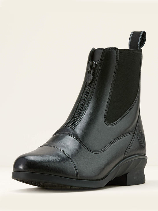 Ariat 10061297 Womens Heritage Zip Paddock Boot Black front and side view.If you need any assistance with this item or the purchase of this item please call us at five six one seven four eight eight eight zero one Monday through Saturday 10:00a.m EST to 8:00 p.m EST
