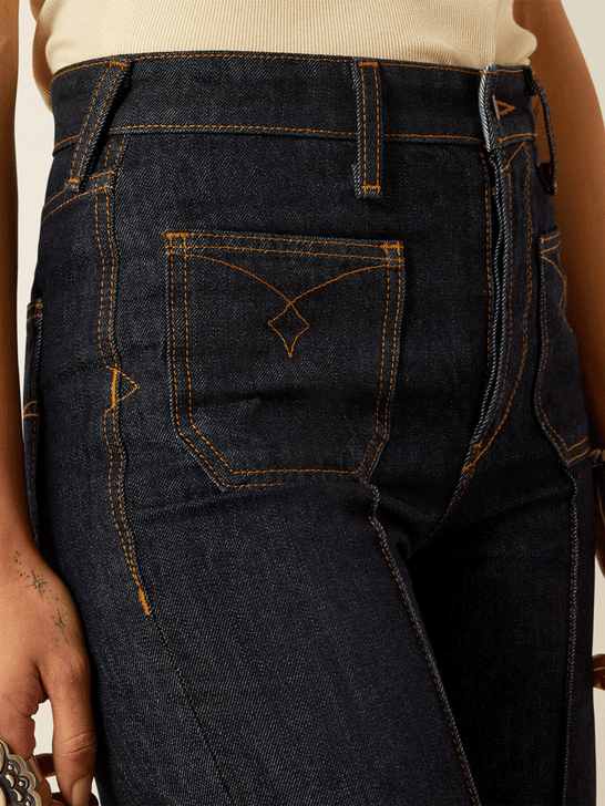 Ariat 10061760 Womens Ultra High Rise Tomboy Western Utility Wide Leg Jean Rinse Navy front close up view. If you need any assistance with this item or the purchase of this item please call us at five six one seven four eight eight eight zero one Monday through Saturday 10:00a.m EST to 8:00 p.m EST