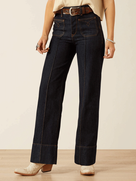 Ariat 10061760 Womens Ultra High Rise Tomboy Western Utility Wide Leg Jean Rinse Navy front view. If you need any assistance with this item or the purchase of this item please call us at five six one seven four eight eight eight zero one Monday through Saturday 10:00a.m EST to 8:00 p.m EST