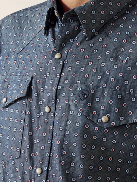 Ariat 10062175 Mens Trip Fitted Long Sleeve Shirt Chambray Blue front close up. If you need any assistance with this item or the purchase of this item please call us at five six one seven four eight eight eight zero one Monday through Saturday 10:00a.m EST to 8:00 p.m EST