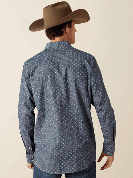 Ariat 10062175 Mens Trip Fitted Long Sleeve Shirt Chambray Blue back view. If you need any assistance with this item or the purchase of this item please call us at five six one seven four eight eight eight zero one Monday through Saturday 10:00a.m EST to 8:00 p.m EST
