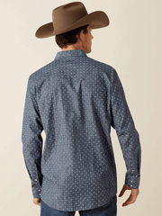 Ariat 10062175 Mens Trip Fitted Long Sleeve Shirt Chambray Blue back view. If you need any assistance with this item or the purchase of this item please call us at five six one seven four eight eight eight zero one Monday through Saturday 10:00a.m EST to 8:00 p.m EST
