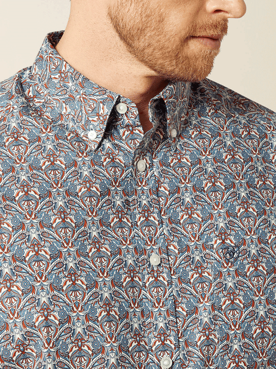 Ariat 10062183 Mens Tegan Classic Fit Long Sleeve Shirt Blue front close up view.If you need any assistance with this item or the purchase of this item please call us at five six one seven four eight eight eight zero one Monday through Saturday 10:00a.m EST to 8:00 p.m EST