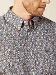 Ariat 10062183 Mens Tegan Classic Fit Long Sleeve Shirt Blue front close up view.If you need any assistance with this item or the purchase of this item please call us at five six one seven four eight eight eight zero one Monday through Saturday 10:00a.m EST to 8:00 p.m EST