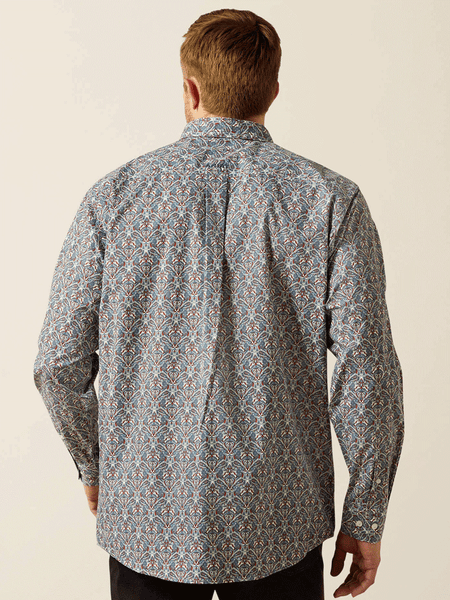 Ariat 10062183 Mens Tegan Classic Fit Long Sleeve Shirt Blue back view. If you need any assistance with this item or the purchase of this item please call us at five six one seven four eight eight eight zero one Monday through Saturday 10:00a.m EST to 8:00 p.m EST