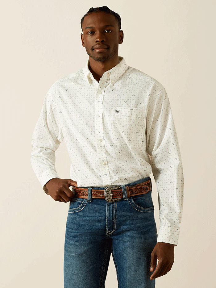 Ariat 10062209 Mens Buster Classic Fit Shirt White front view. If you need any assistance with this item or the purchase of this item please call us at five six one seven four eight eight eight zero one Monday through Saturday 10:00a.m EST to 8:00 p.m EST