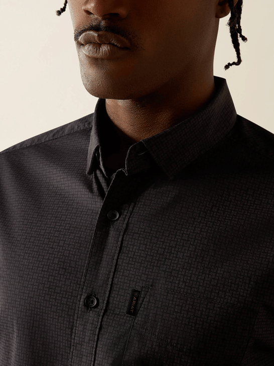 Ariat 10062216 Mens Michael Modern Fit Long Sleeve Shirt Black front close up view. If you need any assistance with this item or the purchase of this item please call us at five six one seven four eight eight eight zero one Monday through Saturday 10:00a.m EST to 8:00 p.m EST