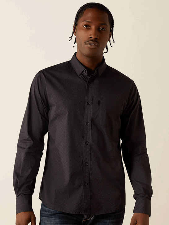 Ariat 10062216 Mens Michael Modern Fit Long Sleeve Shirt Black front view. If you need any assistance with this item or the purchase of this item please call us at five six one seven four eight eight eight zero one Monday through Saturday 10:00a.m EST to 8:00 p.m EST