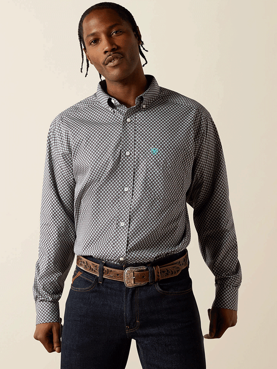 Ariat 10062228 Mens Wrinkle Free Caleb Classic Fit Shirt Dark Grey front view. If you need any assistance with this item or the purchase of this item please call us at five six one seven four eight eight eight zero one Monday through Saturday 10:00a.m EST to 8:00 p.m EST