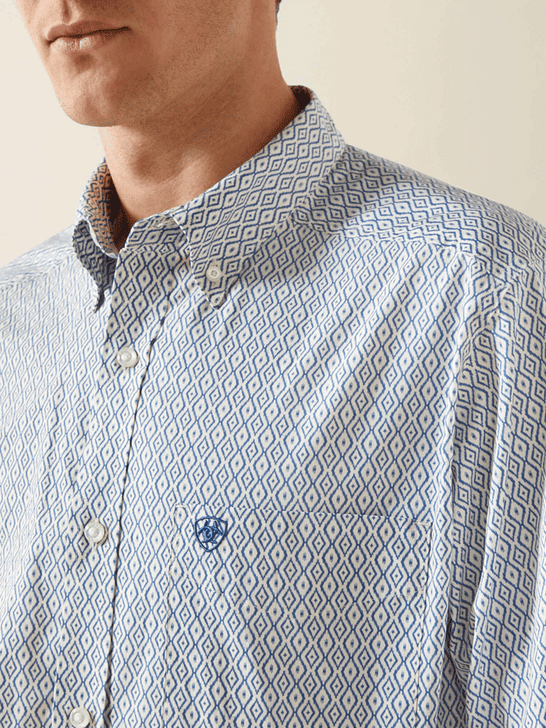 Ariat 10062245 Mens Santos Fitted Long Sleeve Shirt Cream Blue front close up. If you need any assistance with this item or the purchase of this item please call us at five six one seven four eight eight eight zero one Monday through Saturday 10:00a.m EST to 8:00 p.m EST 
