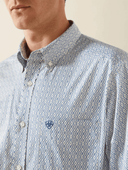 Ariat 10062245 Mens Santos Fitted Long Sleeve Shirt Cream Blue front close up. If you need any assistance with this item or the purchase of this item please call us at five six one seven four eight eight eight zero one Monday through Saturday 10:00a.m EST to 8:00 p.m EST 
