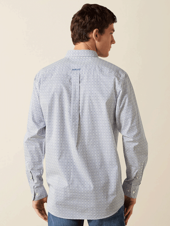Ariat 10062245 Mens Santos Fitted Long Sleeve Shirt Cream Blue back view. If you need any assistance with this item or the purchase of this item please call us at five six one seven four eight eight eight zero one Monday through Saturday 10:00a.m EST to 8:00 p.m EST
