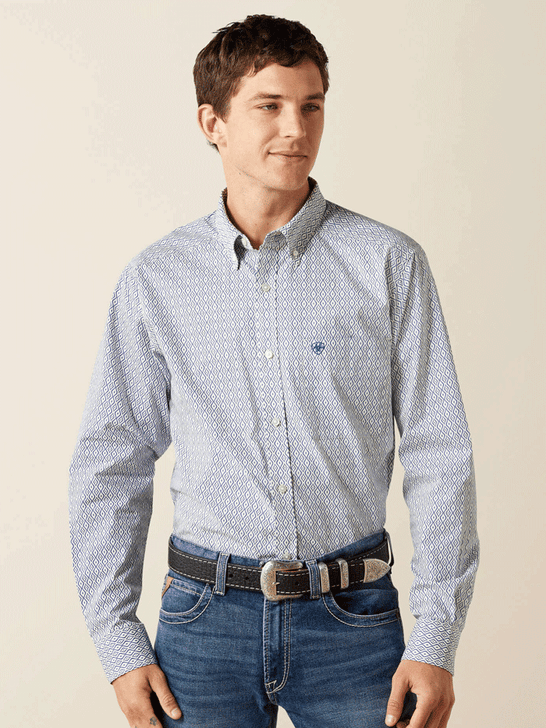 Ariat 10062245 Mens Santos Fitted Long Sleeve Shirt Cream Blue front view. If you need any assistance with this item or the purchase of this item please call us at five six one seven four eight eight eight zero one Monday through Saturday 10:00a.m EST to 8:00 p.m EST
